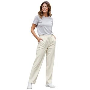 Theory Basic Pull On Pant Admiral Crepe Beige‎ Elastic Waist Size 12